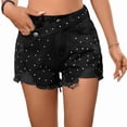 thumbnail image 3 of Women'S Rhinestone Denim Shorts Summer High Waist Frayed Raw Hem Jeans Shorts Black S, 3 of 9