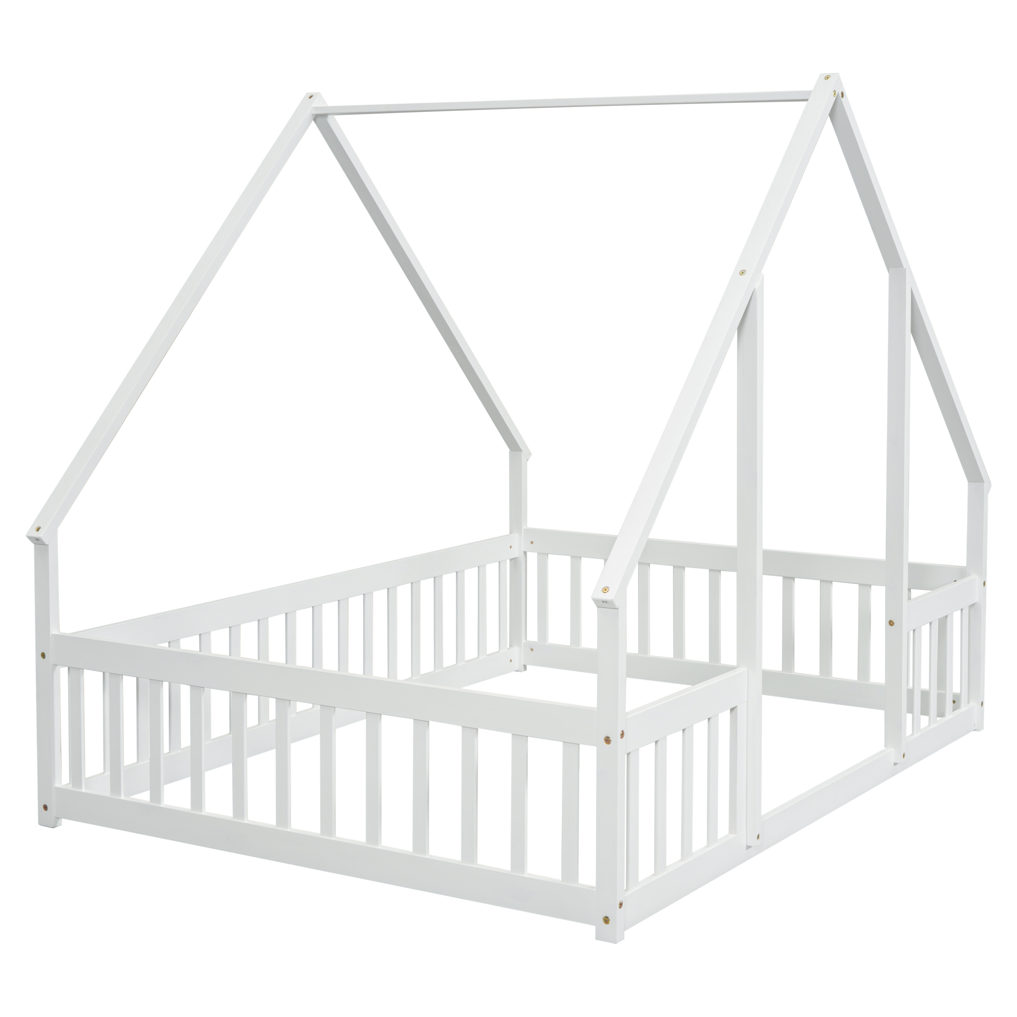 Leumius Full Wood House-Shaped Floor Bed with Fence, Guardrails for Boys Girls White