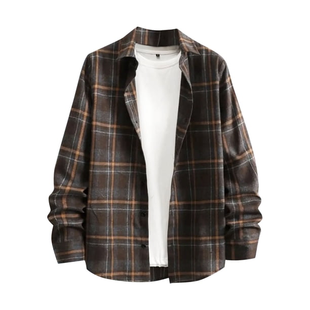 Blusa y camisa de manga larga con cuello vuelto para hombre, informal, con botones y bolsillos, camisa de manga larga a cuadros, abrigo de lino para hombre