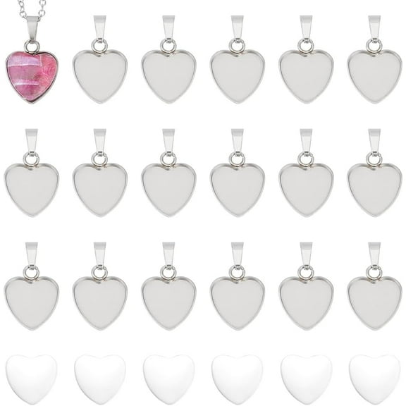 40 Sets Stainless Steel DIY Blank Heart Pendant Making Kit Blank Dome Bezel Trays Base Charms with Glass Cabochons Pendant Cabochon Settings for Jewelry Making