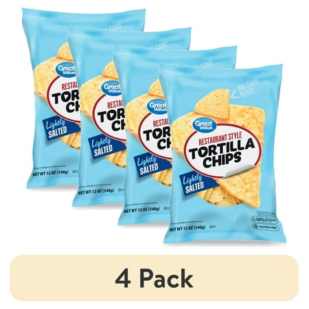 (4 pack) Great Value Restaurant Style Lightly Salted White Corn Tortilla Chips, 12 oz. bag
