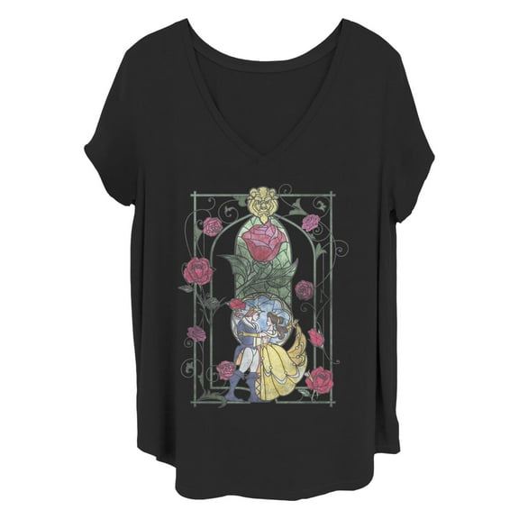 Women's Beauty and the Beast Distressed Classic Love Stained Glass Graphic T-Shirt