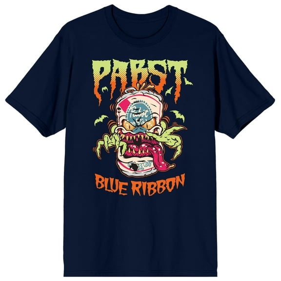 Pabst Blue Ribbon Beer Can Monster Crew Neck Short Sleeve Navy Men's T-shirt-Medium