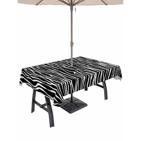 Outdoor Tablecloth with Umbrella Hole for Patio/Picnic/Party/Camping, Black Striped Waterproof Table Cloth Rectangle Table Cover Washable, Retro Wave Lines Texture Simple (60"x 102")