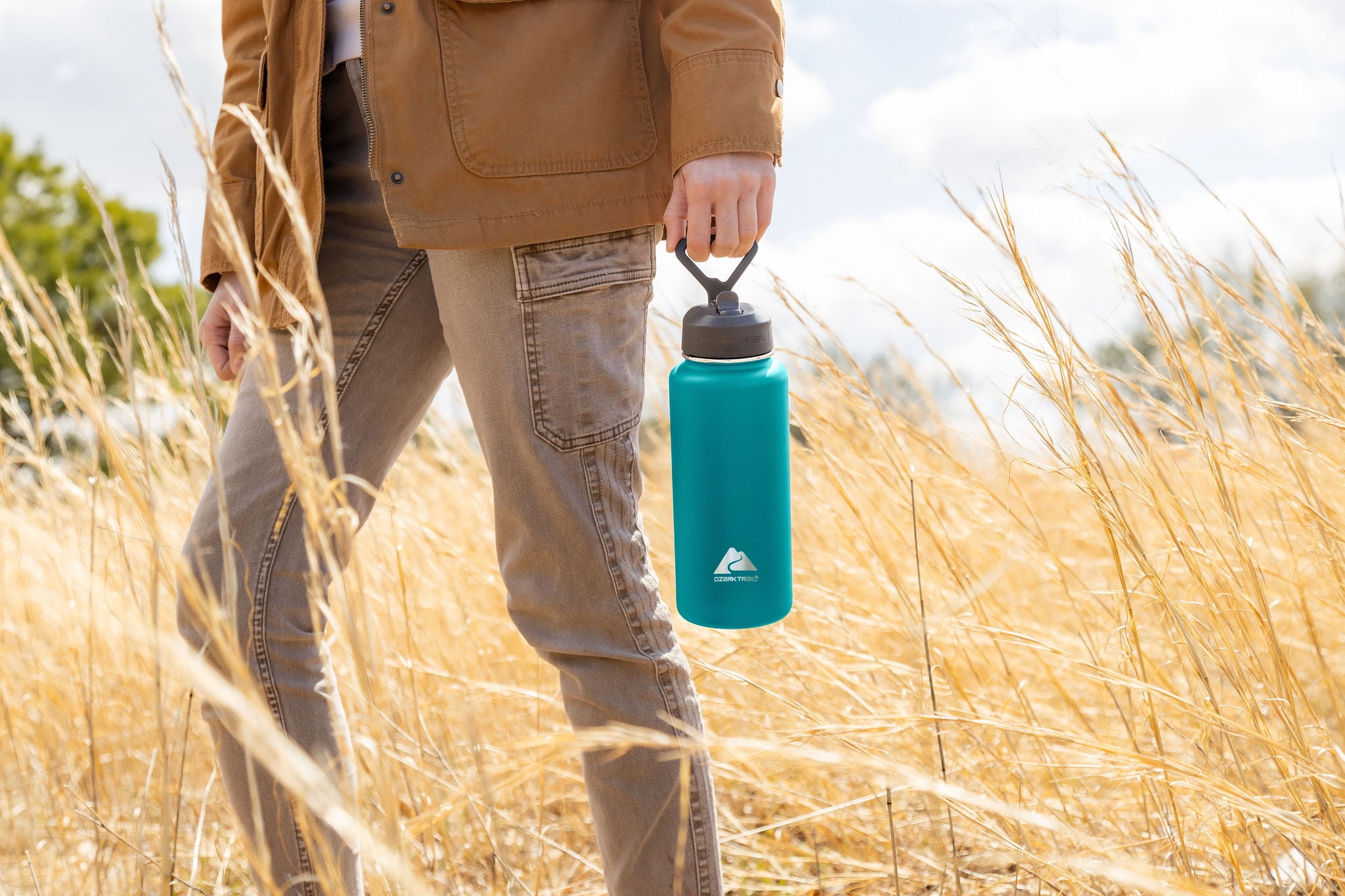 Ozark Trail 32 oz Insulated Stainless Steel Wide Mouth Water Bottle, Green, Flip Lid with Loop Handle