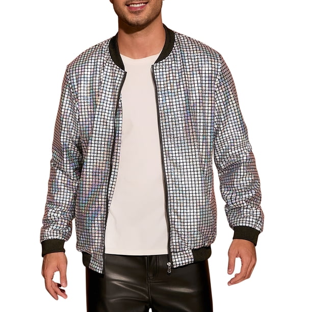 Chaquetas Varsity Holográficas INSPIRE CHIC para hombres, chaquetas bomber metálicas brillantes con cierre completo, XL, plateadas