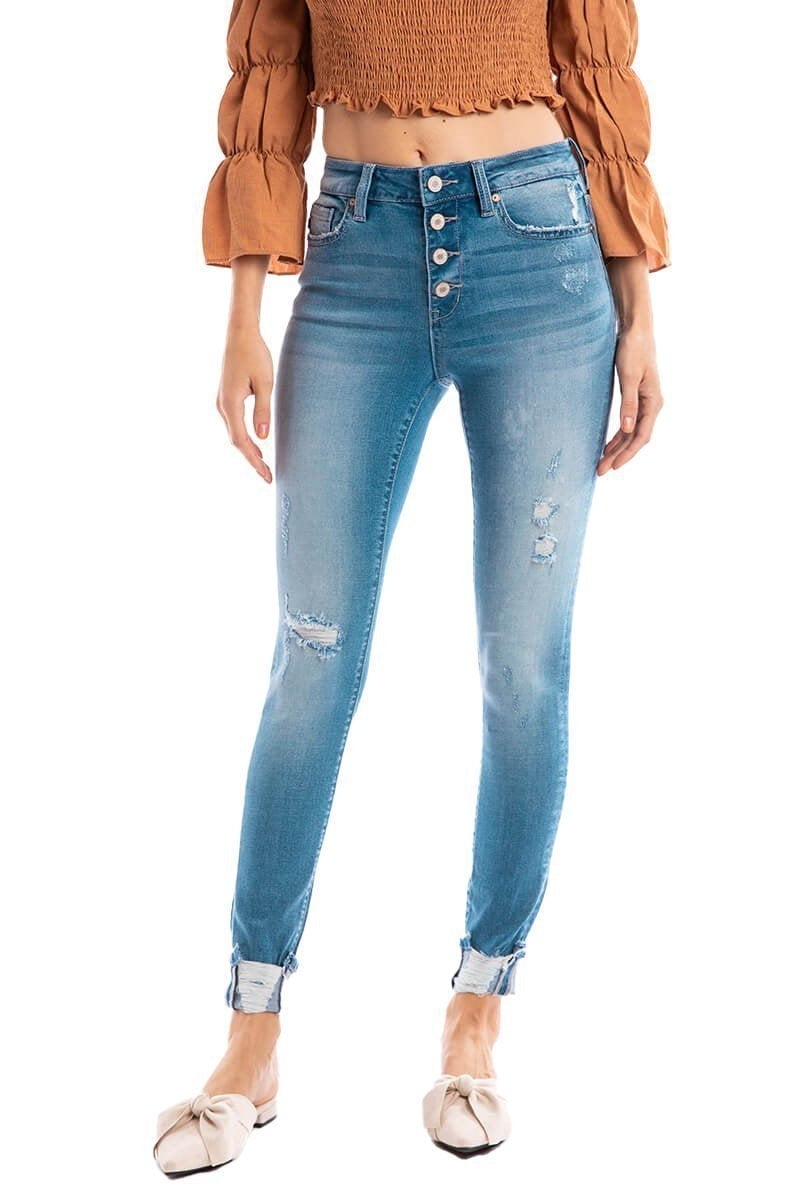 High Rise Button Fly Distressed 