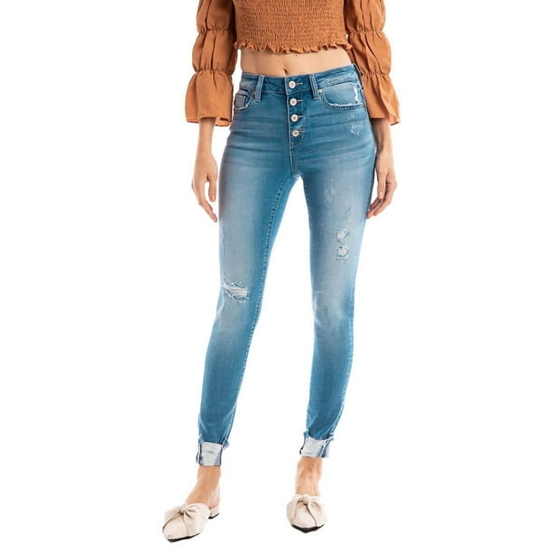 Kan Can Women s High Rise Button Fly Distressed Super Skinny Jeans