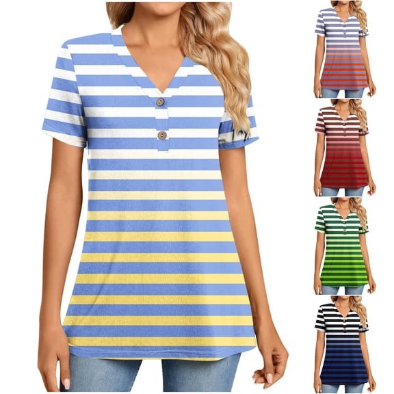 Bixock Women's Short Sleeve T-Shirts,Casual Stripe Short Sleeve Tops,Button Gradient Striped Shirt Soft Stretchable Outdoor Trip Daily Leisure Comfortable Tops