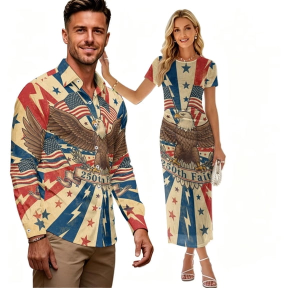 Psesaysky 250th Faith Couple Shirts and Dress,Husband Wife Matched Clothes Eagle Flag Hawaiian Luau Outfit for 4th of July Party Short Sleeve Sexy Bodycon Dress for Women with Mens Shirts
