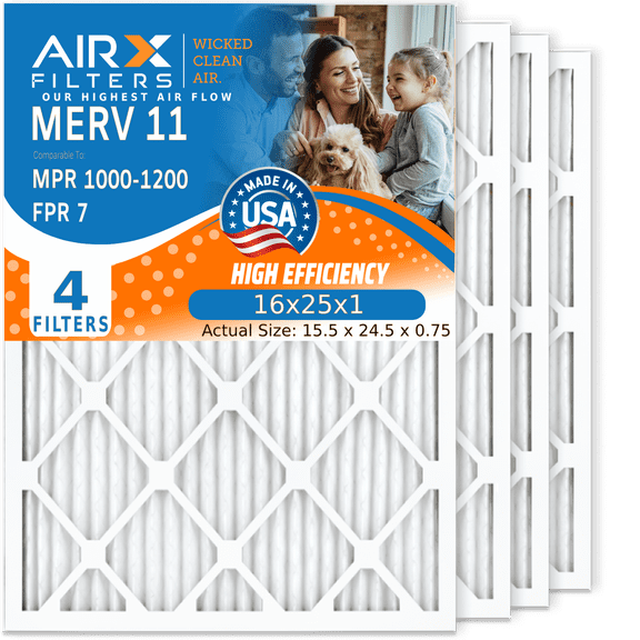 16x25x1 Air Filter MERV 11 Comparable to MPR 1000, MPR 1200 & FPR 7 Electrostatic Pleated Air Conditioner Filter 4 Pack HVAC Premium USA Made 16x25x1 Furnace Filters by AIRX FILTERS WICKED CLEAN AIR.