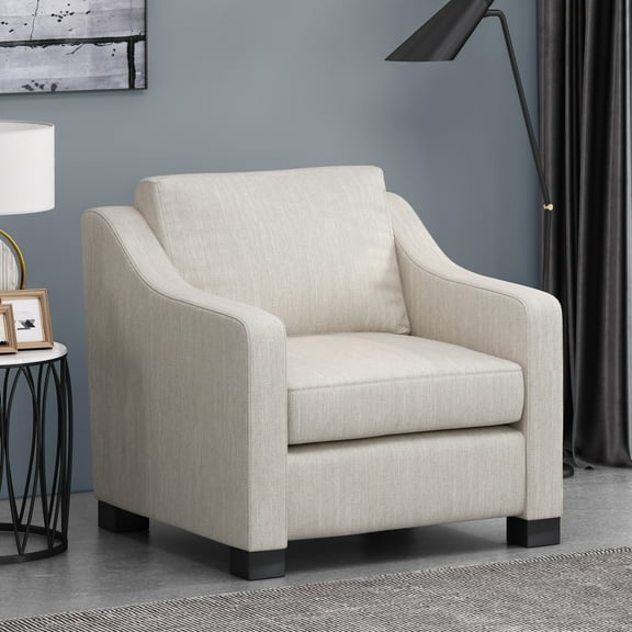 Contemporary Beige Fabric Upholstered Club Chair with Sloped Arms and Birch Wood Legs for Living Room Seating