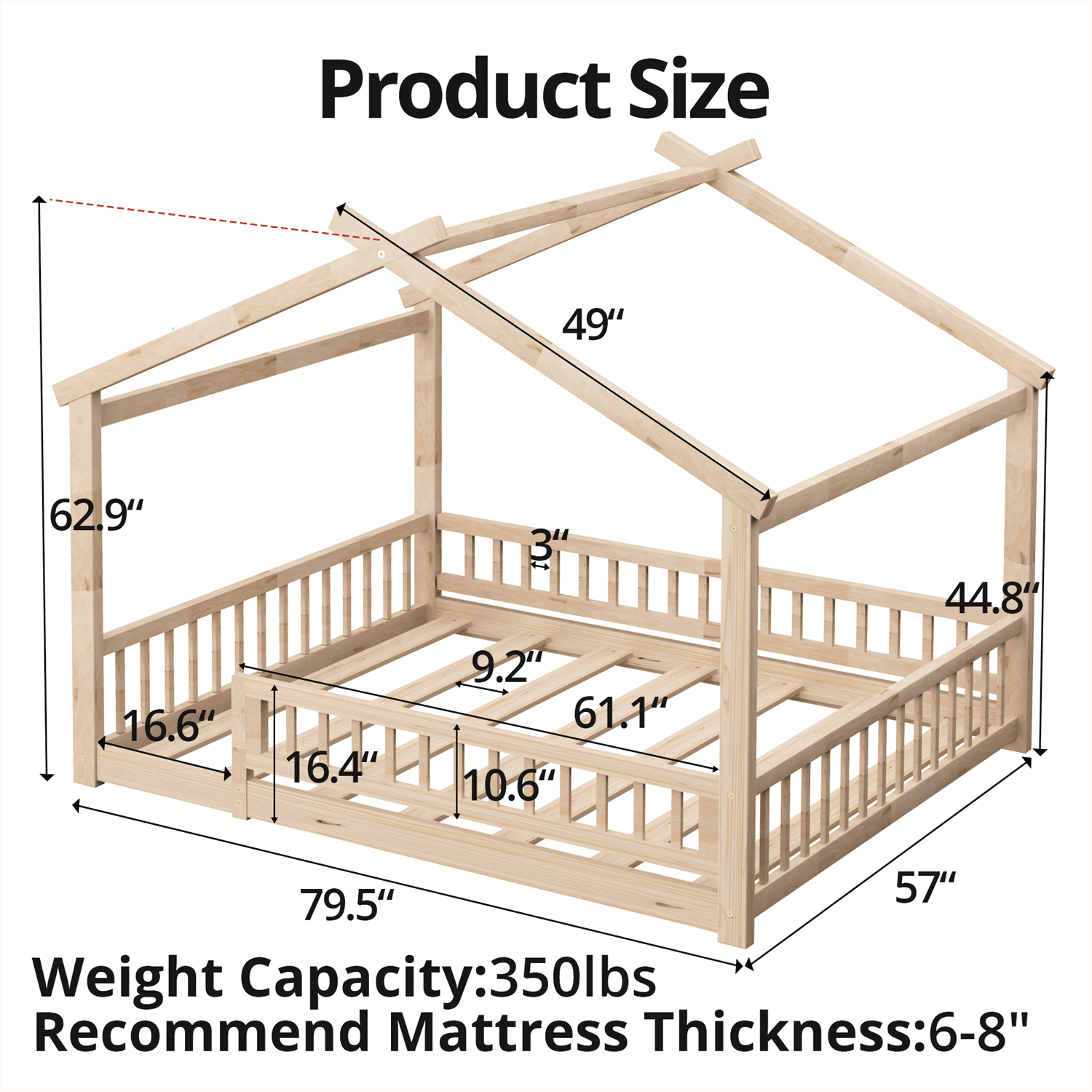 Full Size House Floor Bed with Roof, Wooden Montessori Floor Bed Frame with Safety Fence and Wooden Slats, Montessori House Floor Bed for Boys and Girls, Natural