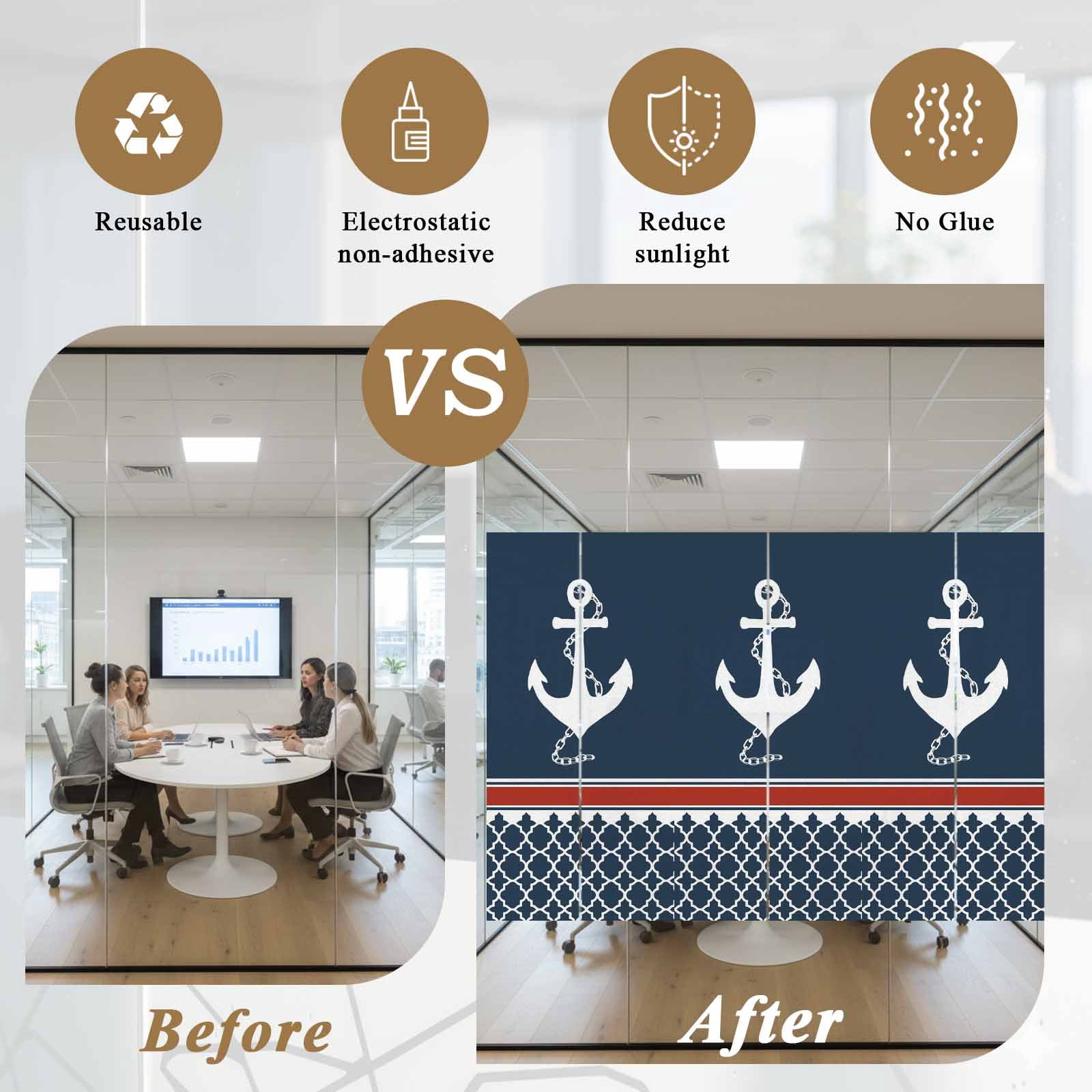 Nautical Anchorage Window Privacy Film, Nautical Anchor Red Stripe Plaid Navy Blue Frosted Glass Window Clings Static Cling UV Heat Blocking Reusable Door Sticker for Bathroom 23.6 x 59 Inch