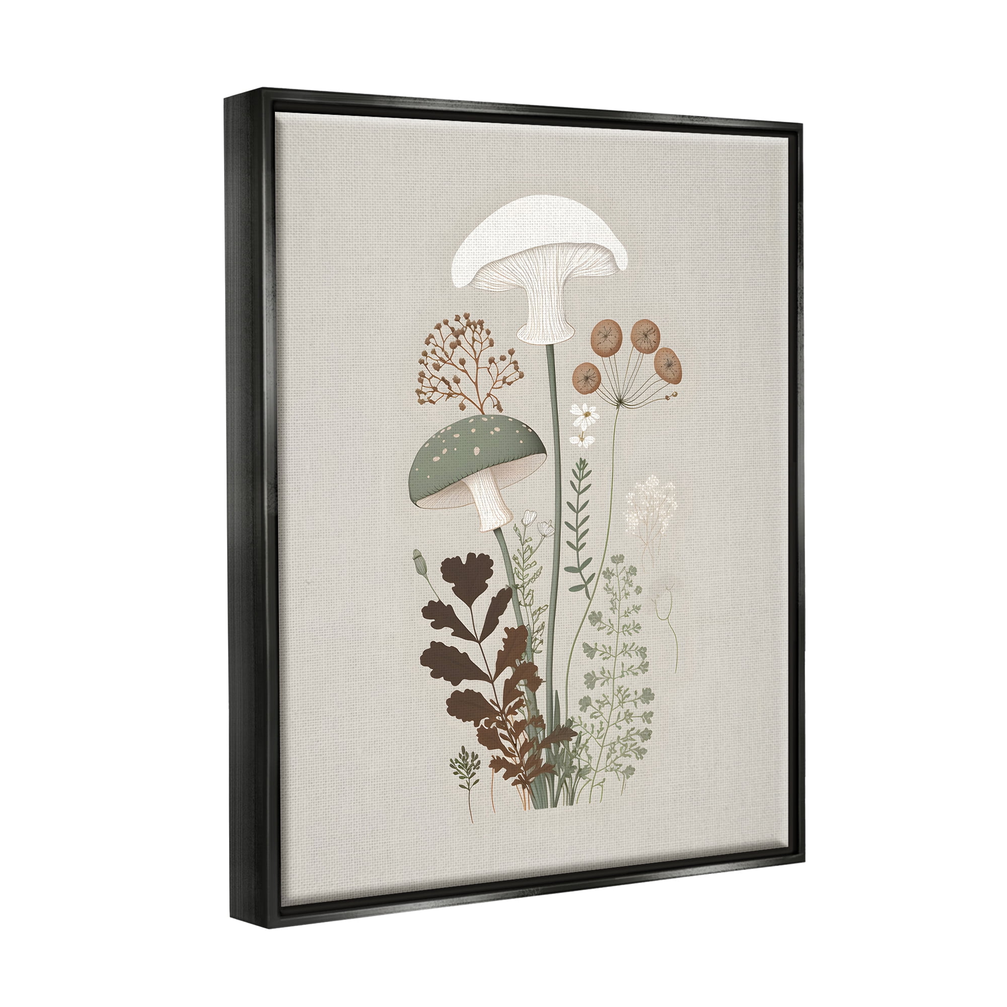 Stupell Industries Soft Mushrooms on Grey Botanical & Floral Painting Black Floater Framed Canvas Art Print Wall Art, 17 x 21