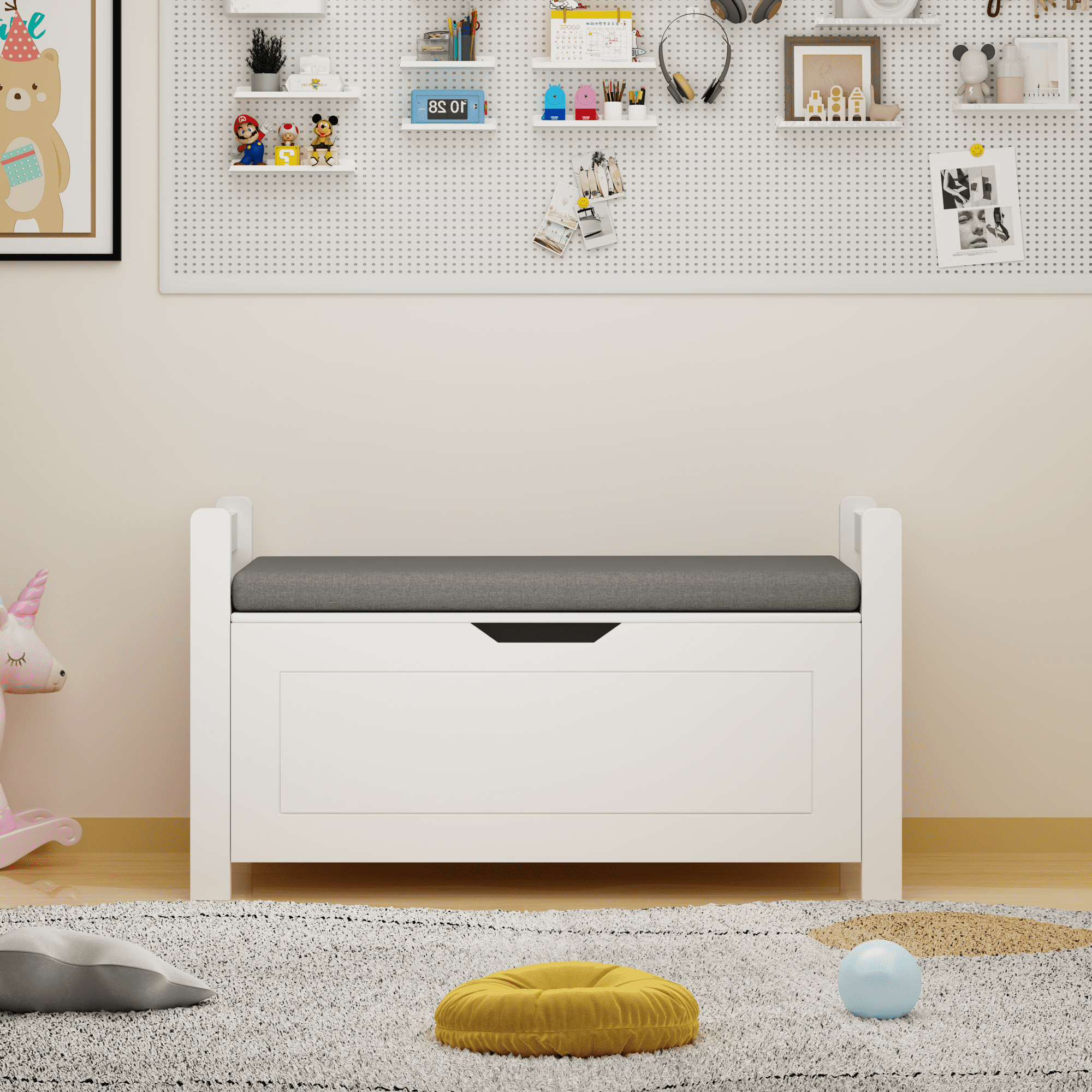 White Kids Toy Storage Chest with Cushioned Seat & Slow Safety Hinge, Flip Top Toy Organizer for Nursery Playroom