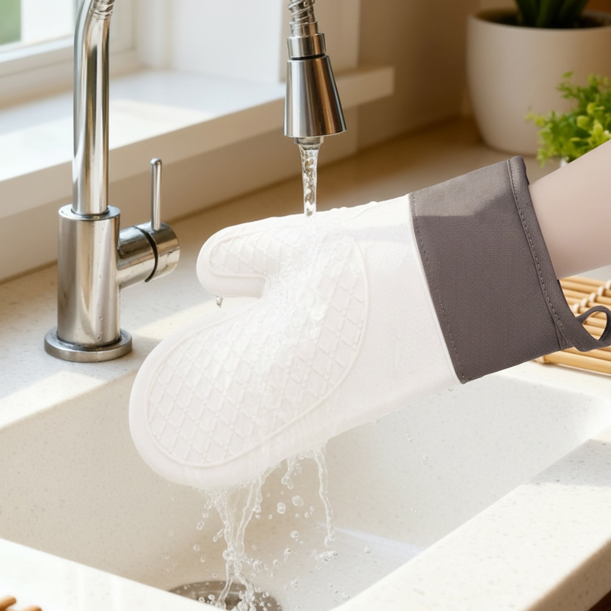 Unique Bargains 2pcs Soft Silicone and Cotton Heat-Resistant Oven Mitts White 11.2" x 7.7"