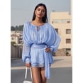 thumbnail image 3 of Argulvti Women Ruffle Mini Dress Long Lantern Sleeve Tie-up Front Solid Color Pleated Flowy Dress, 3 of 9
