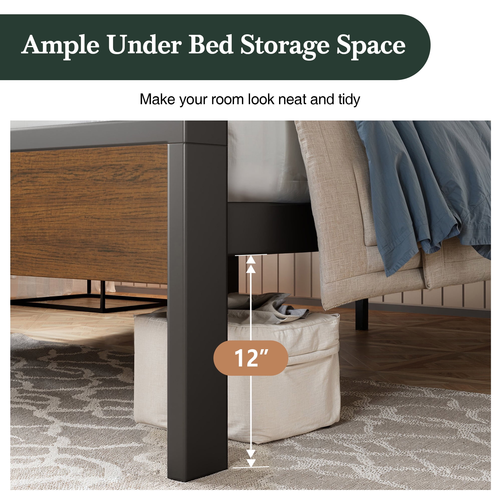 Amolife Full Size Bed Frame, Heavy Duty Metal Platform Bed with Wooden Headboard & Footboard, Walnut