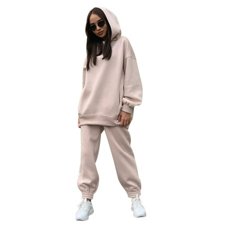 

2-Piece Hoodies Set Solid Color Pullover Sweatshirt & Sweatpants Thick Tracksuit for Casual Sports Loose Fit Long Sleeves Baggy Pants Women s Clothing XL Apricot