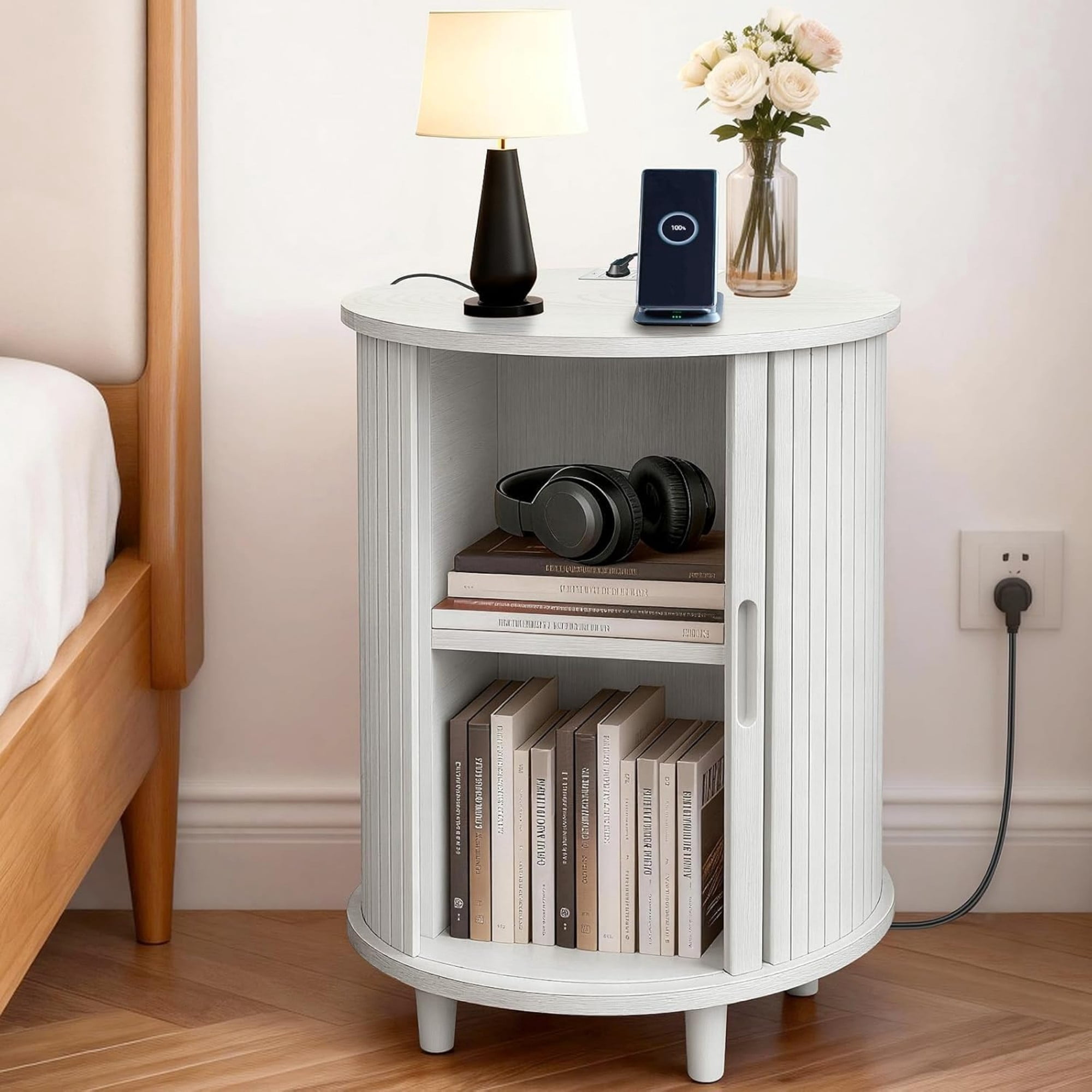 Round End Table with Charging Station, Fluted Nightstand with Sliding Door & Adjustable Shelf, Mid Century Side Table, White