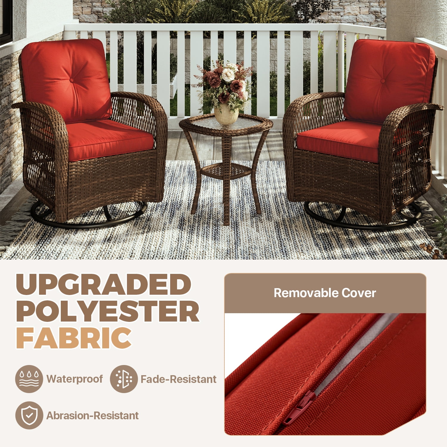 BaPiPro 3 Piece Red Outdoor Swivel Rocker Wicker Patio Furniture Set, All-Weather Resistant Rattan Conversation Set with Cushions & Tempered Glass Side Table for Porch, Deck, Backyard