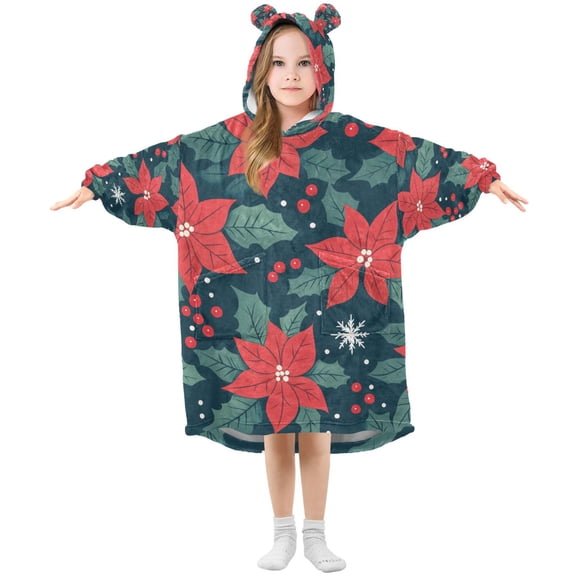 FORMRS Wearable Blanket Hoodie with Sleeves for Kids Cozy Flannel Sweatshirt, Red Christmas Leaves