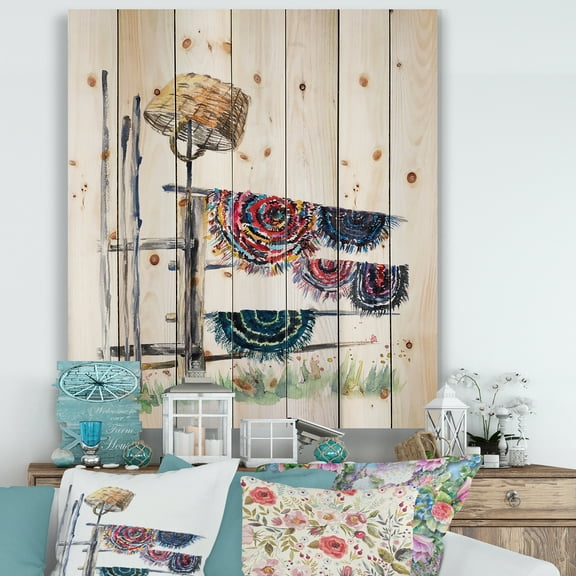 Designart 'Colorful Russian Rugs On Drying Line' Global Print on Natural Pine Wood