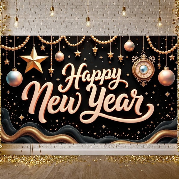 Gold Star Happy New Year Banner Decorative Ball New Year Display Vintage Clock Gold Glitter Holiday Backdrop for New Year Party Holiday Decoration New Year's Eve Event