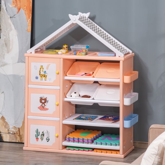 Qaba Kids Toy Storage Organizer with 4 Bins, Storage Cabinets, Bookshelf and 4-Layers Toy Collection Shelves, Orange