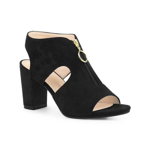 Unique Bargains Women s Front Zipped Clog Shoes Chunky Heels Slingback Sandals Black Size 9.5 Walmart