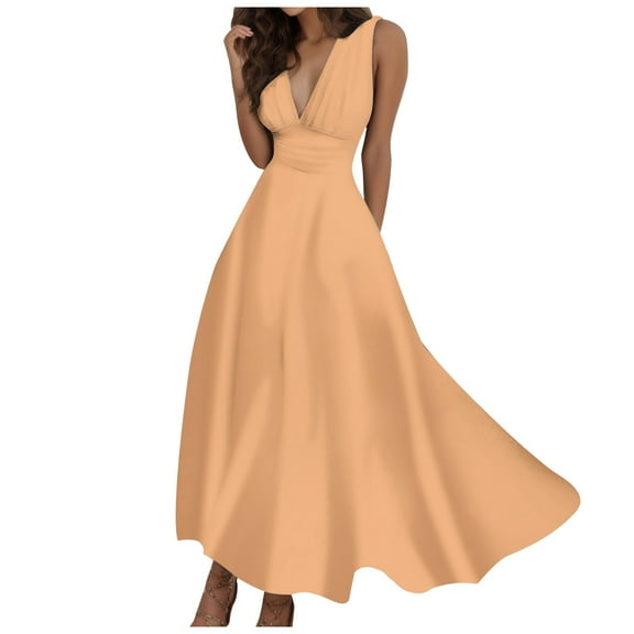 Women's Flowy Summer Dress V Neck Sleeveless Side Zipper Casual Long Maxi Dress Comfortable Stylish Solid Color