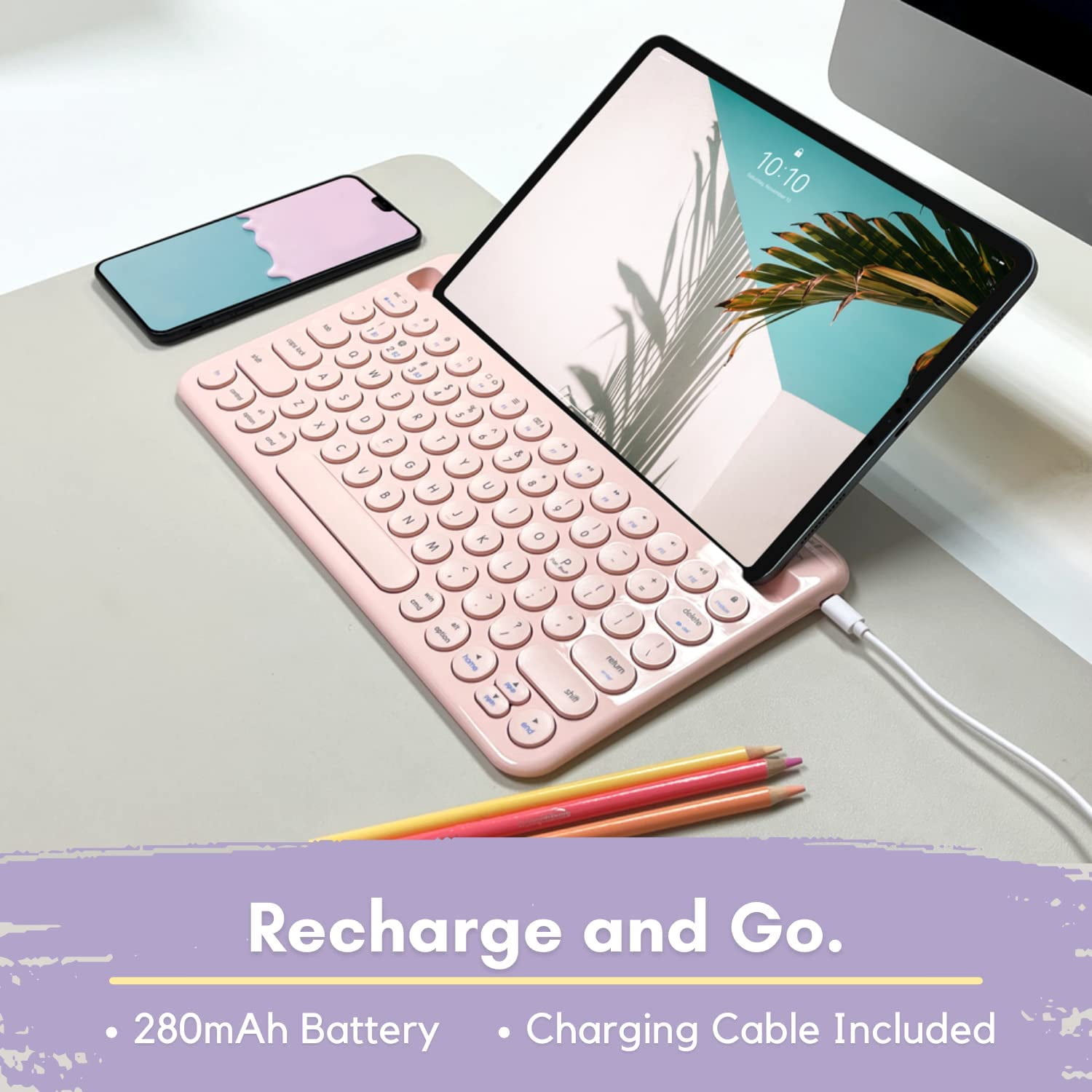 Macally Mini Wireless Bluetooth Keyboard with Stand, Rechargeable, Pink