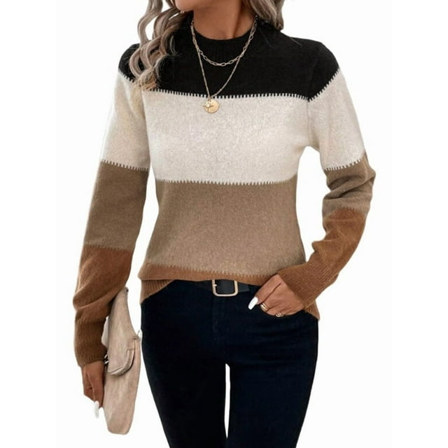 Suéteres de Bloque de Color para Mujer, Blusas de Larga con Cuello Alto, Suéter de Punto Holgado. Color Caramelo M
