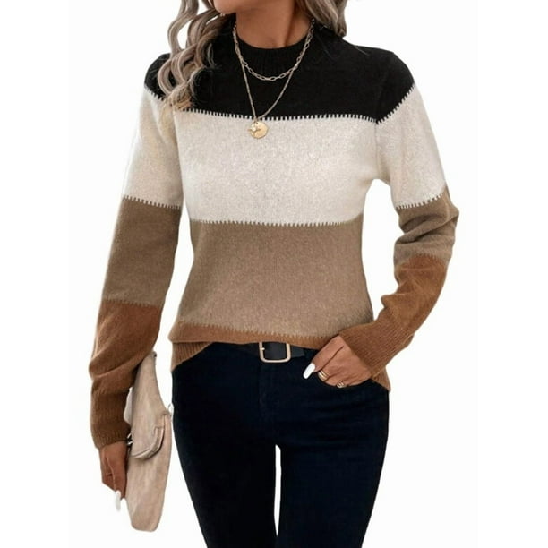 Suéteres de Bloque de Color para Mujer, Blusas de Larga con Cuello Alto, Suéter de Punto Holgado. Color Caramelo L