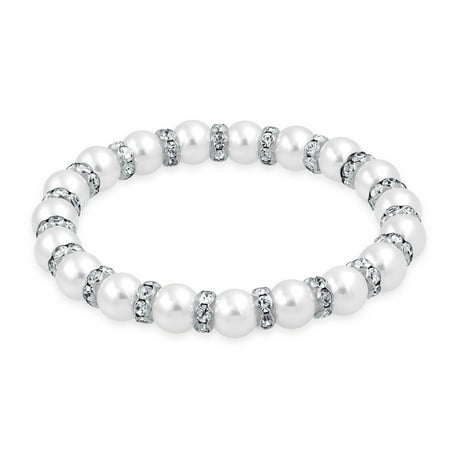 White Simulated Pearl Stackable Strand Stretch Bracelet For Women White Crystal Rondelle Spacer Silver Plated Brass