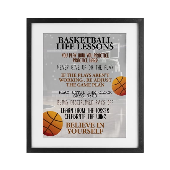 Basketball Life Lessons Black Framed Print Under Glass, design by Kim Allen