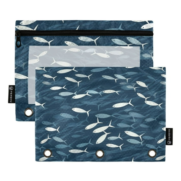 Small Fish Swimming 2 Pack Pencil Pouch for 3 Ring Binder Smooth Zipper Folders with Pockets Clear Window Pencil Case