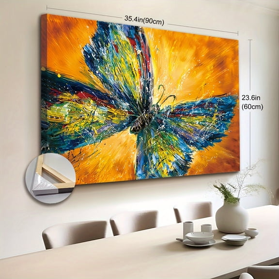 2D Flat 1pc Wooden Framed Extra Large Canvas Wall Art, Impressionist Butterfly Painting Print on Canvas, Modern Colorful Butterfly Art Print, Perfect for Living Room, Bedroom