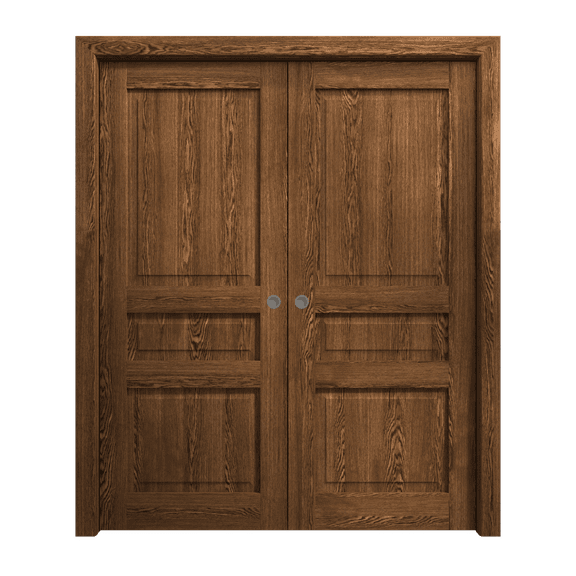 Sliding French Double Pocket Doors 36 x 80 inches | Ego 5012 Cognac Oak | Kit Rail Hardware | Solid Wood Interior Bedroom Modern Doors