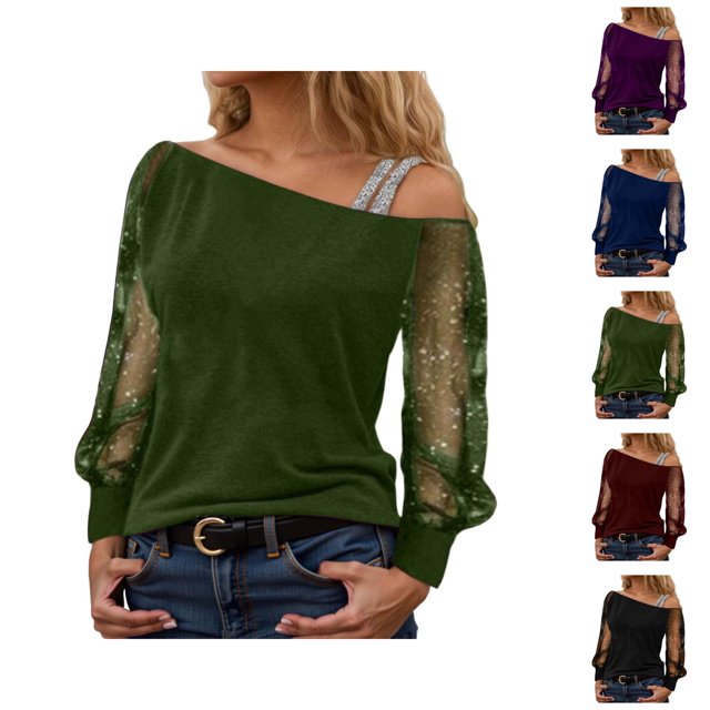Womens Sparkle Top 2026 Spring Fashion Y2K Long Sleeve Off Shoulder Mesh T Shirt Going out Tops Rave Outfits
