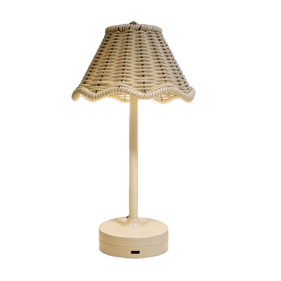 Vintage Rattan LED Table Lamp with Scalloped Woven Shade, Rechargeable Touch Dimmable Bedside Lamp for Bedroom and Patio, White