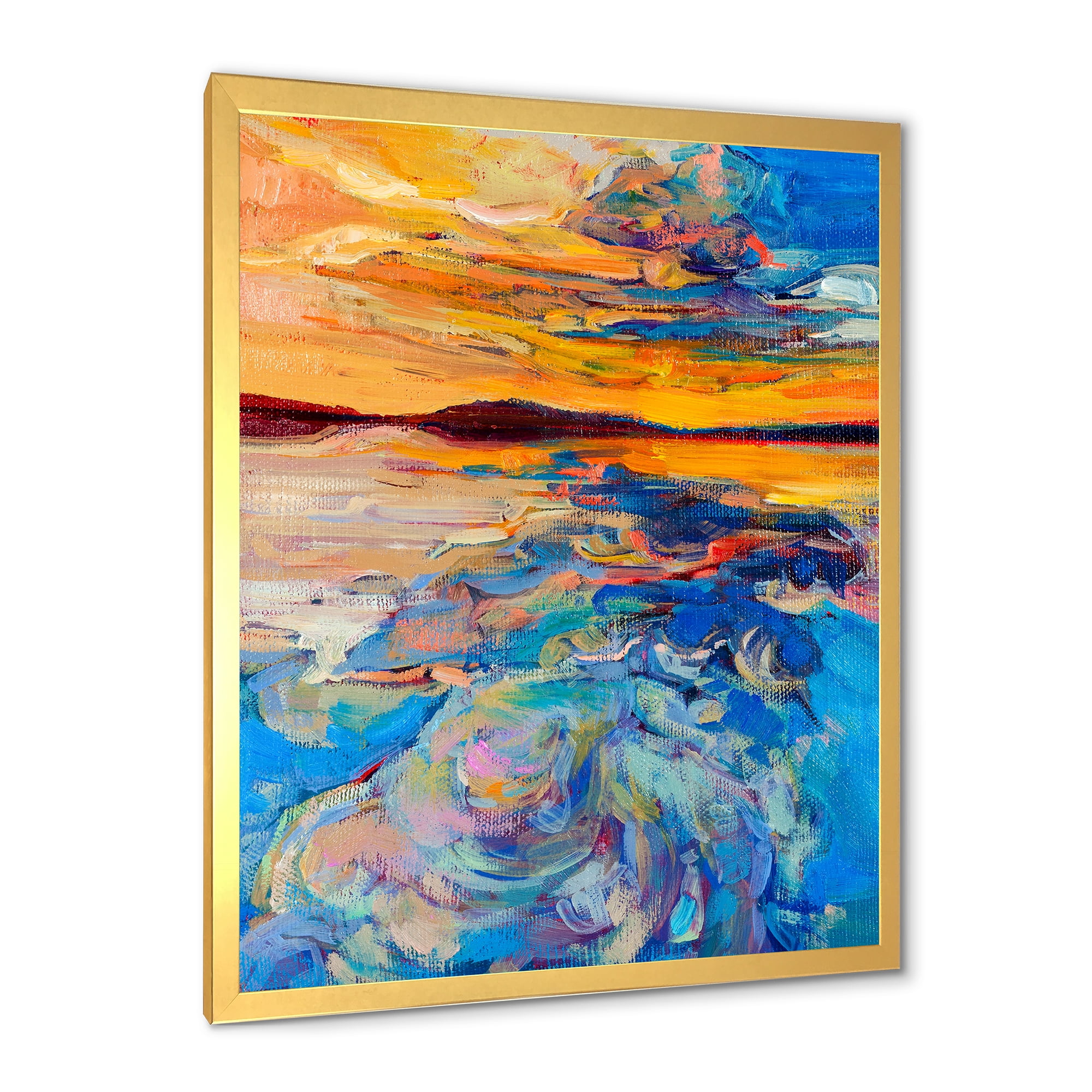 Designart 'Whirly Blue Waves Under Orange Sunset' Nautical & Coastal Framed Art Print