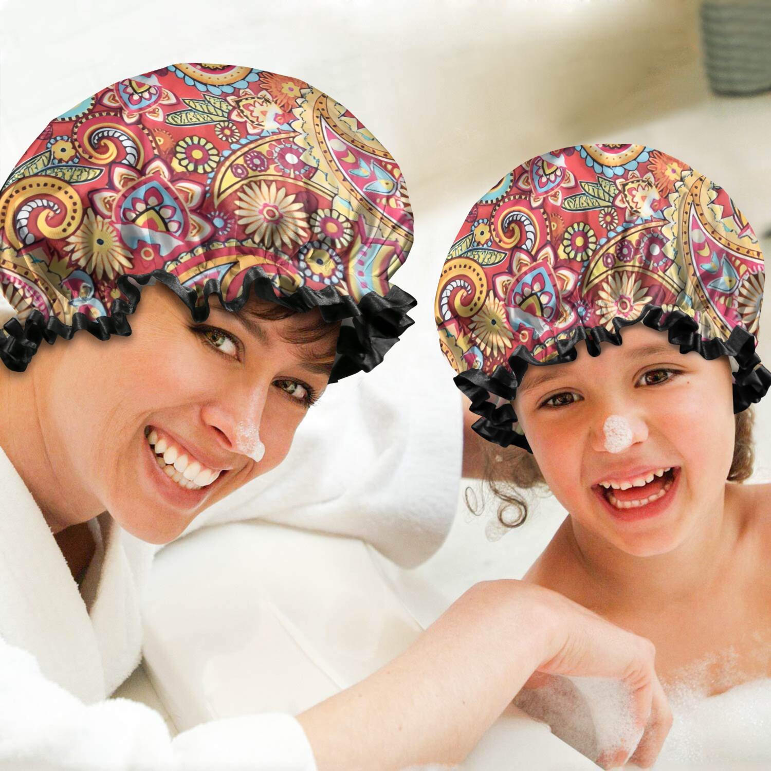 Shower Caps,Red Pioneer Flower and Paisley Pattern Waterproof Shower Cap for Women 4 Pieces,Double Reusable Hair Cover for Shower PEVA Elastic Stretch Hem