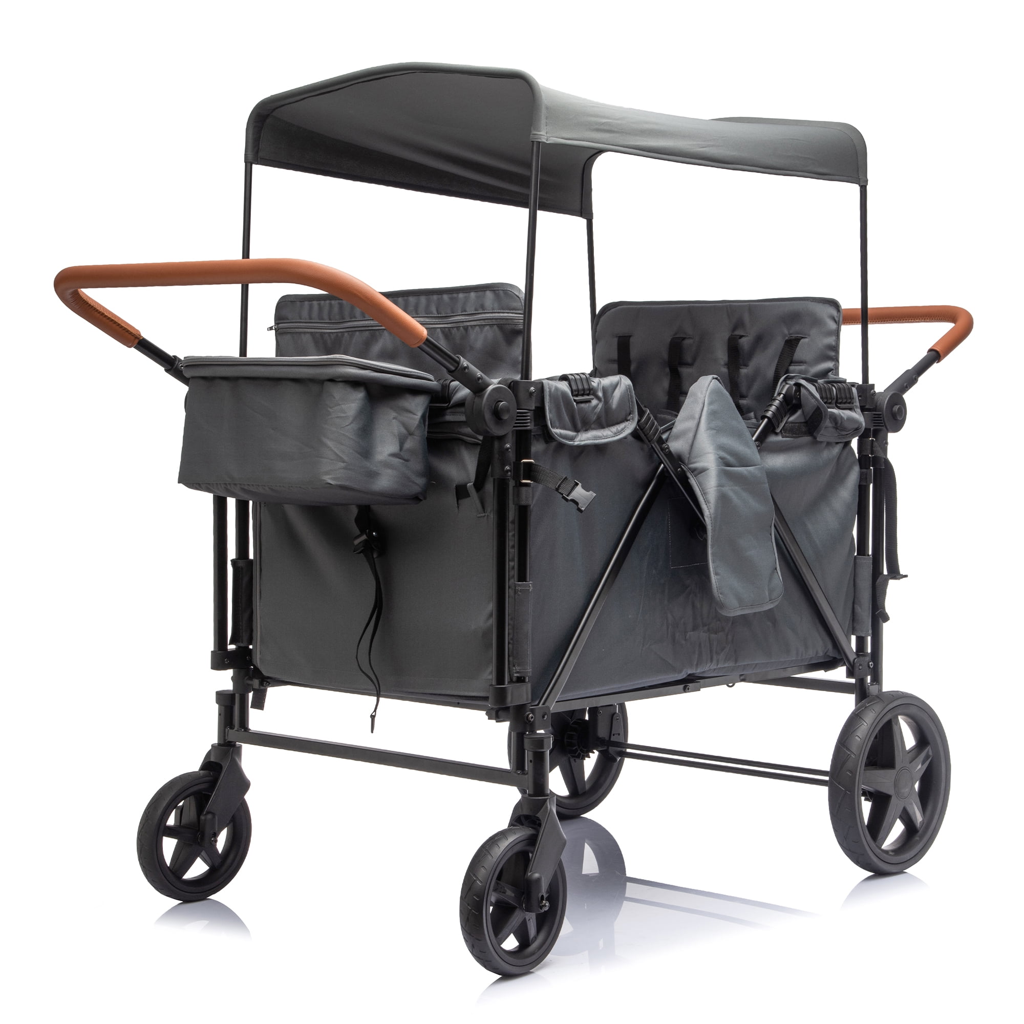 4-Seater Wagon Stroller with 5-Point Harness, Extra-Thick Support Bar, 5 Modes, Removable Seats, Foldable Frame, Dual Leather Handles for Large Families
