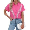thumbnail image 2 of ZXSXSY Rhinestone Fringe Button Down Shirts for Women Rolled Short Sleeve Sparkly Top Concert Western Cowgirl Shirt, 2 of 6