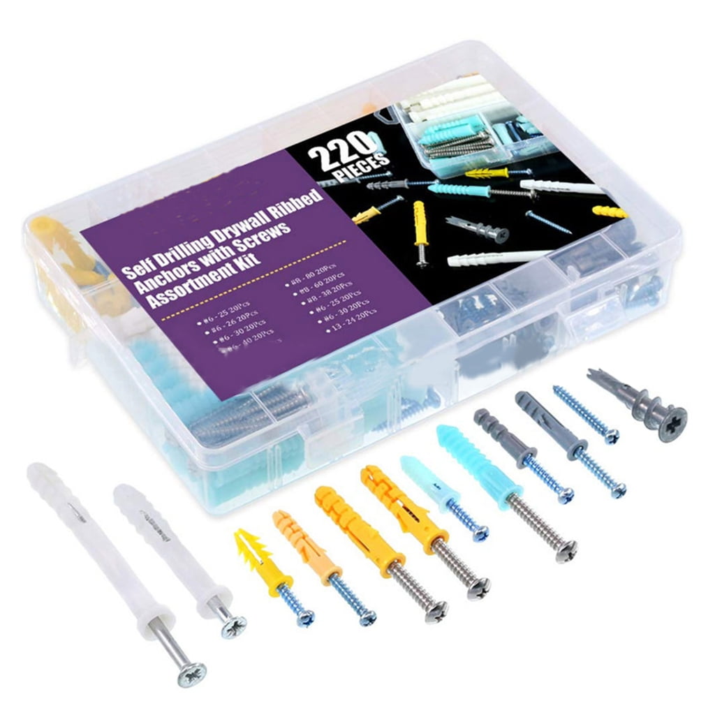 220Pcs Drywalls Wall Anchors & Screws Wall Plug and Screw Set Tapping Drywalls Screws Wall Anchors Easily Install