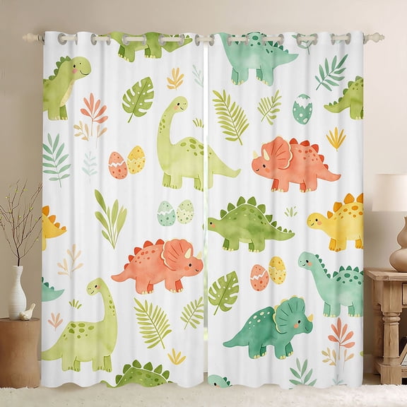Homewish Cute Cartoon Dino Kitchen Curtains,Kawaii Plants Black Out Curtains Pack of 2 (42x63 Each),White