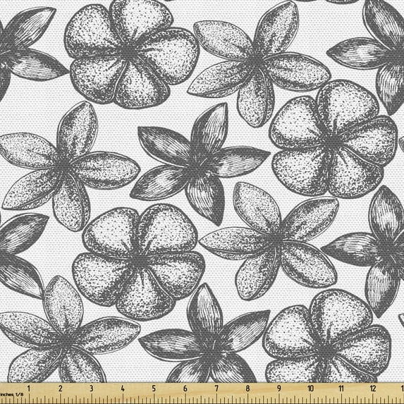 Floral Fabric by the Yard, Rhythmic Charcoal Sketch Look Hand Drawn Flowers on Plain Backdrop Illustration, Decorative Upholstery Fabric for Sofas and Home Accents, White and Grey by Ambesonne