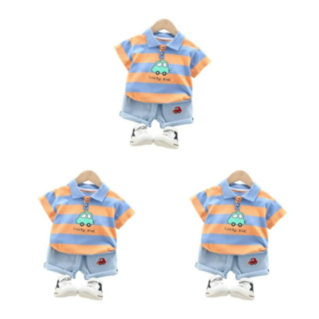 pitrice 1/2/3 Enfants Motif Rayure Col Rabattable Chemise Pantalon Ensemble Voyage Randonnée Parti Garçons Filles Tops Shorts Kit Cadeau d'Anniversaire Orange 110cm 3PCS